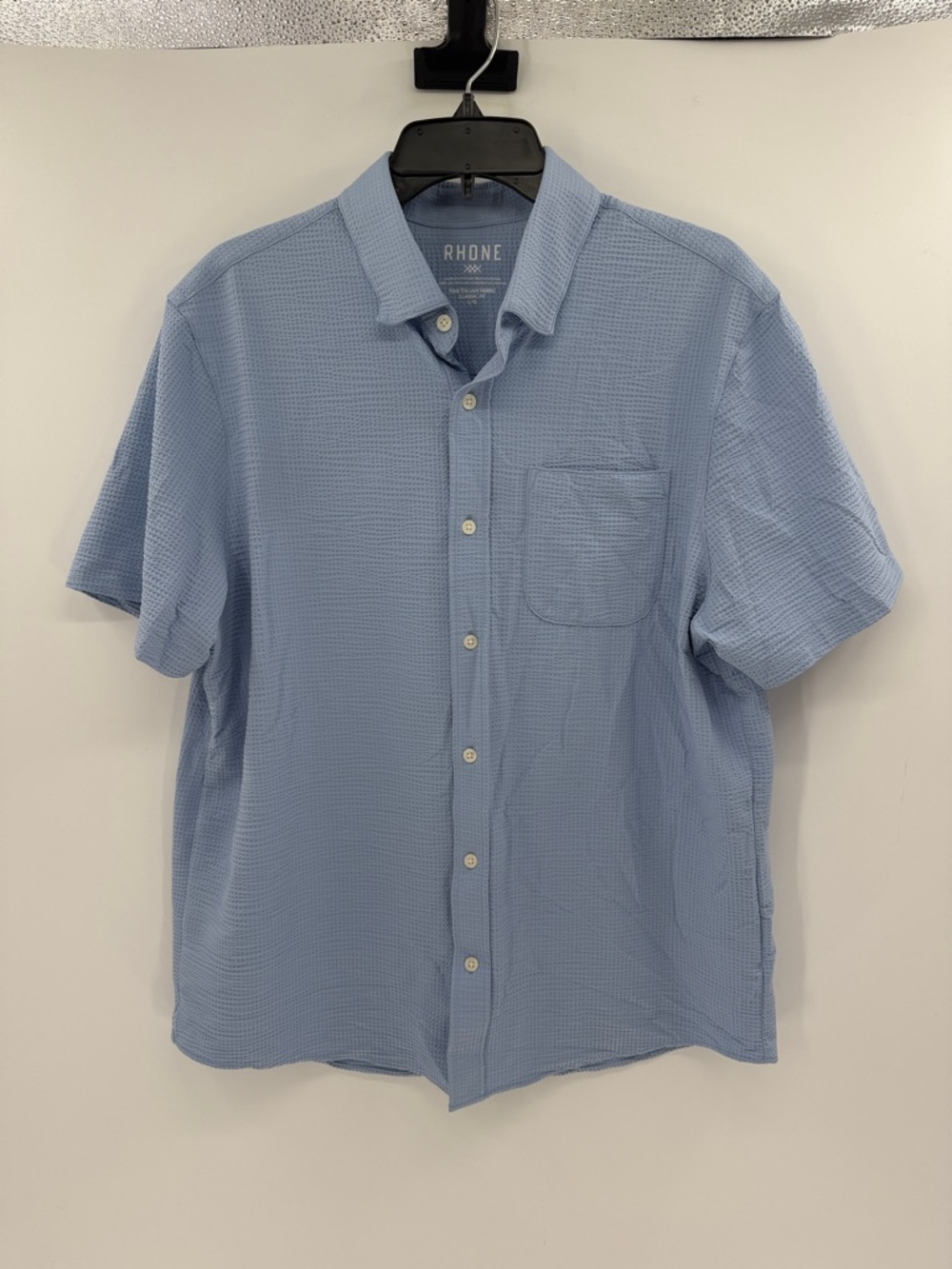 Rhone Commuter Seersucker Short Sleeve Button Down Shirt - Pool Blue - Large